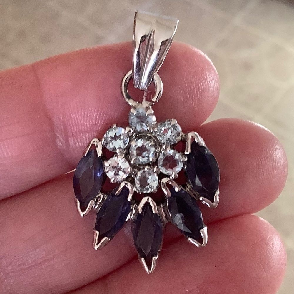 NWOT sterling SILVER TANZANITE/BLUE TOPAZ FLORAL PENDANT - Picture 8 of 11